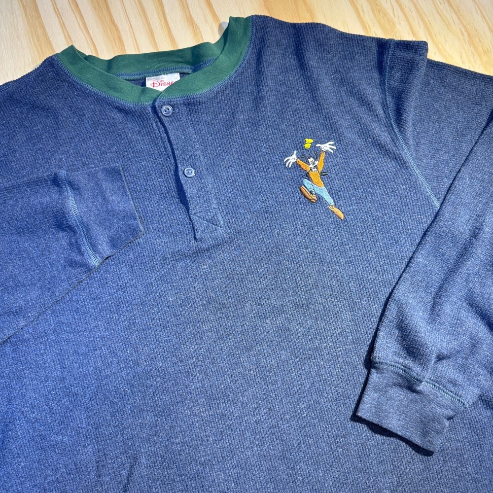 Disney Store Goofy Embroidered Waffle Knit Henley Shirt Blue Green Men's Large